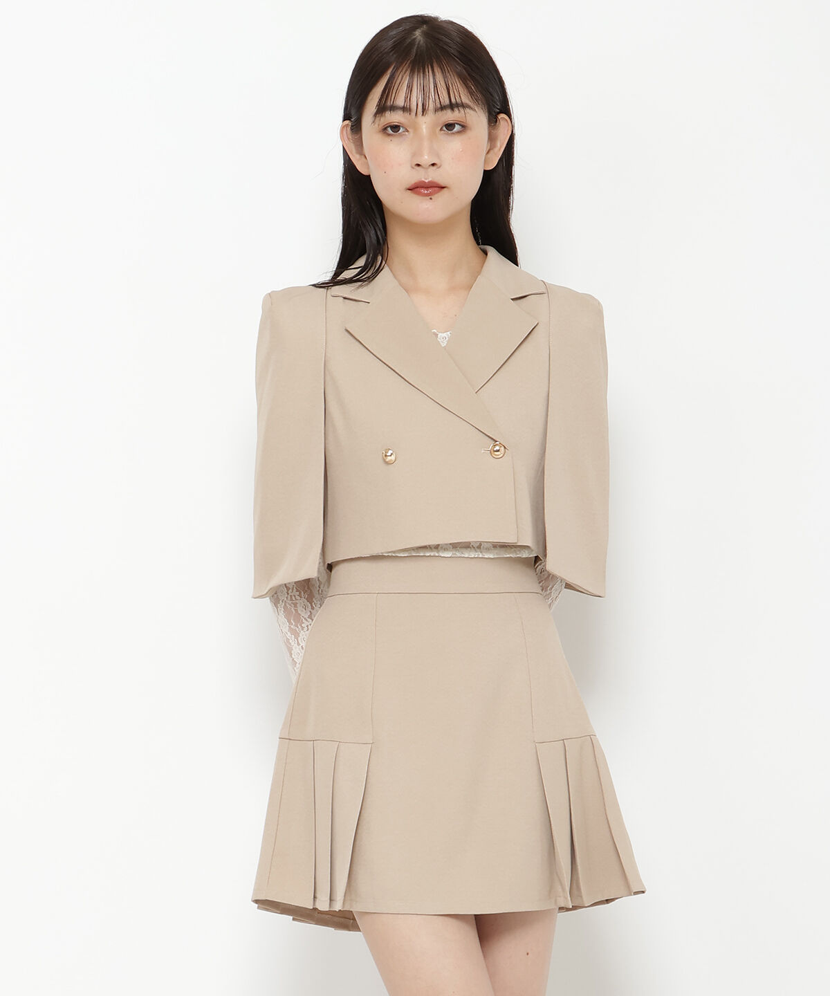 REDYAZEL「サイドプリーツミニスカート」|フレア|ベージュ