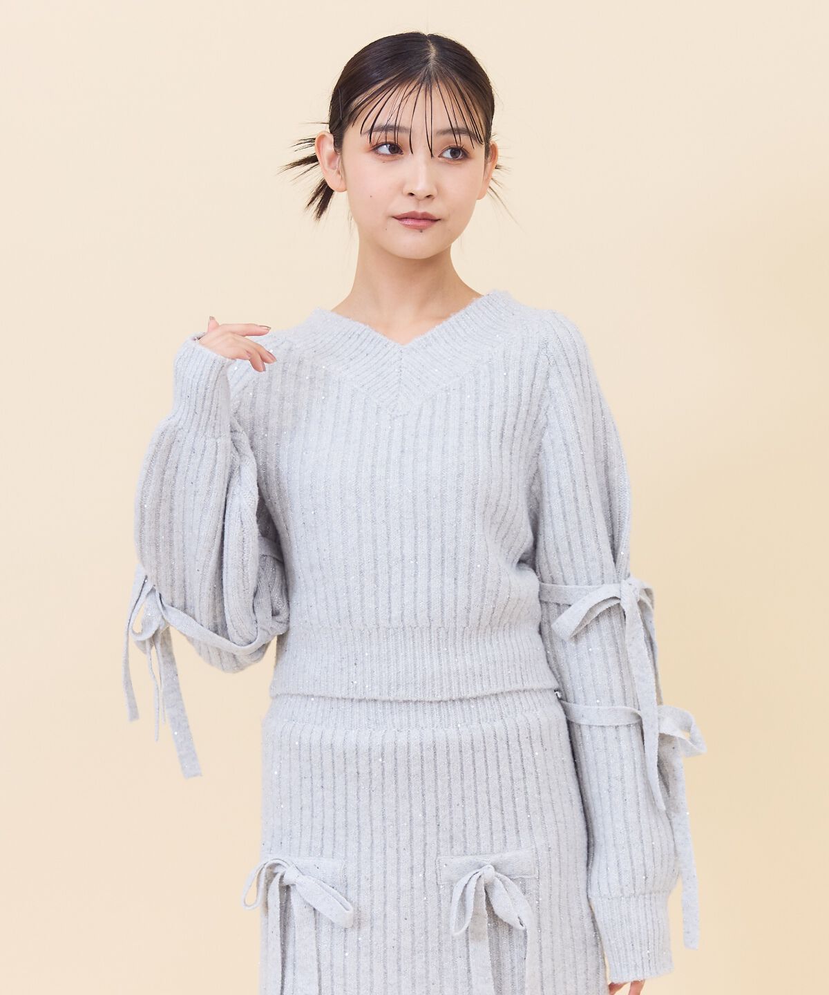 REDYAZEL「ラメスパンコールダブルリボンニット」|ニット・セーター|ライトグレー