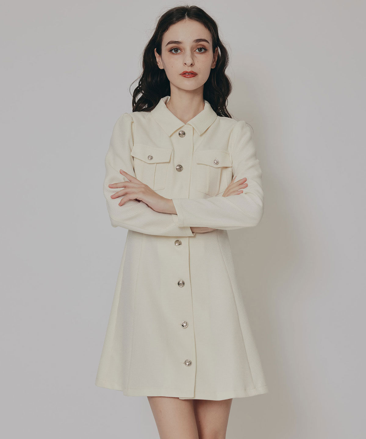 REDYAZEL「エンブレムボタンマイクロワッフルシャツワンピース」|ワンピース|