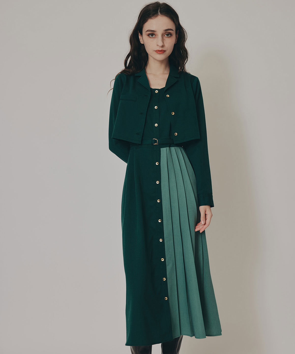 REDYAZEL「バイカラーアシメプリーツロングスリーブシャツワンピース」|ワンピース|ﾀﾞｰｸｸﾞﾘｰﾝ