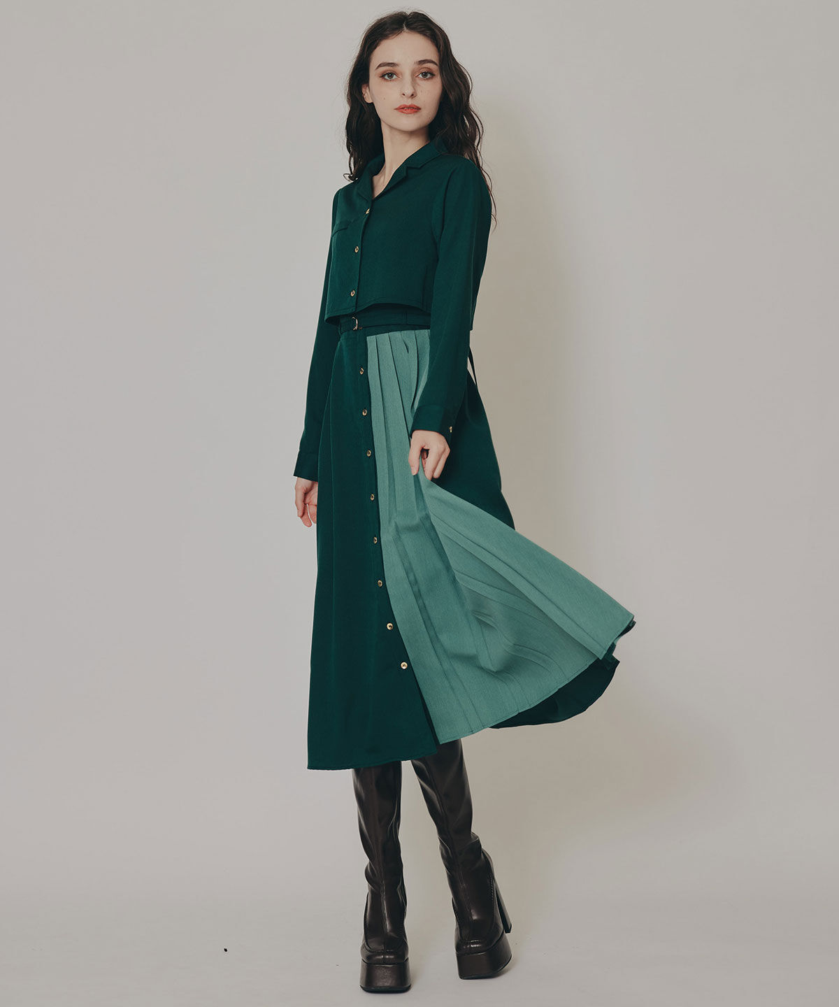 REDYAZEL「バイカラーアシメプリーツロングスリーブシャツワンピース」|ワンピース|