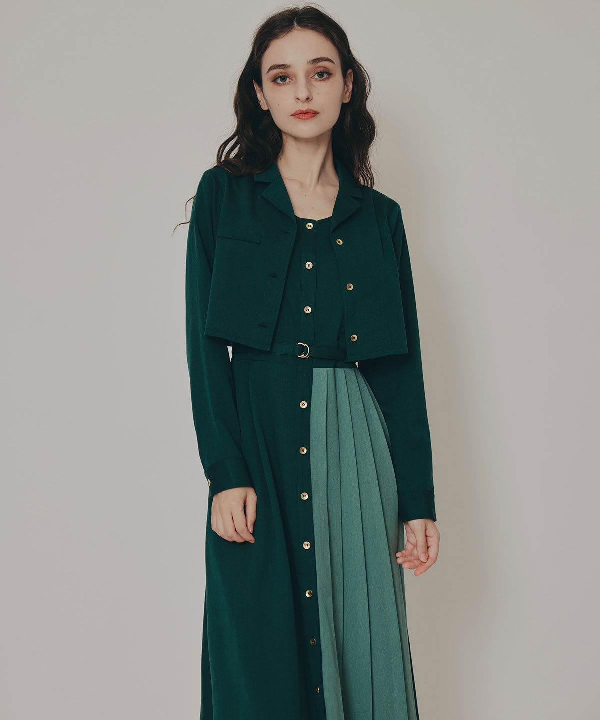 REDYAZEL「バイカラーアシメプリーツロングスリーブシャツワンピース」|ワンピース|