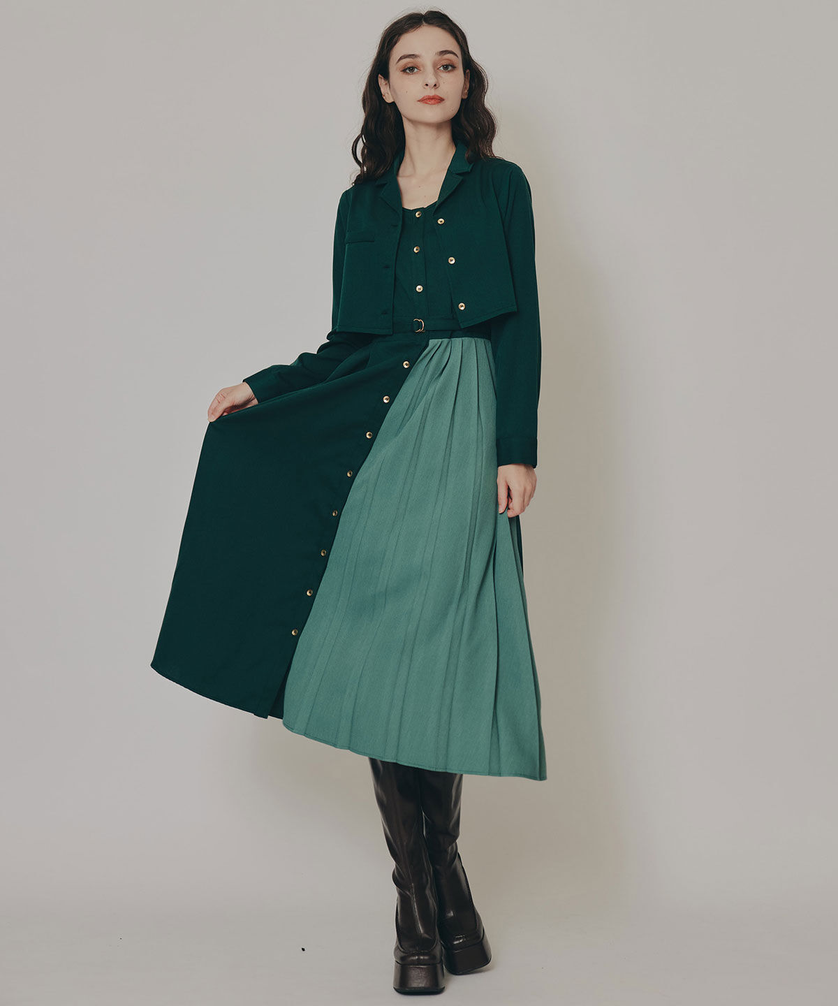 REDYAZEL「バイカラーアシメプリーツロングスリーブシャツワンピース」|ワンピース|