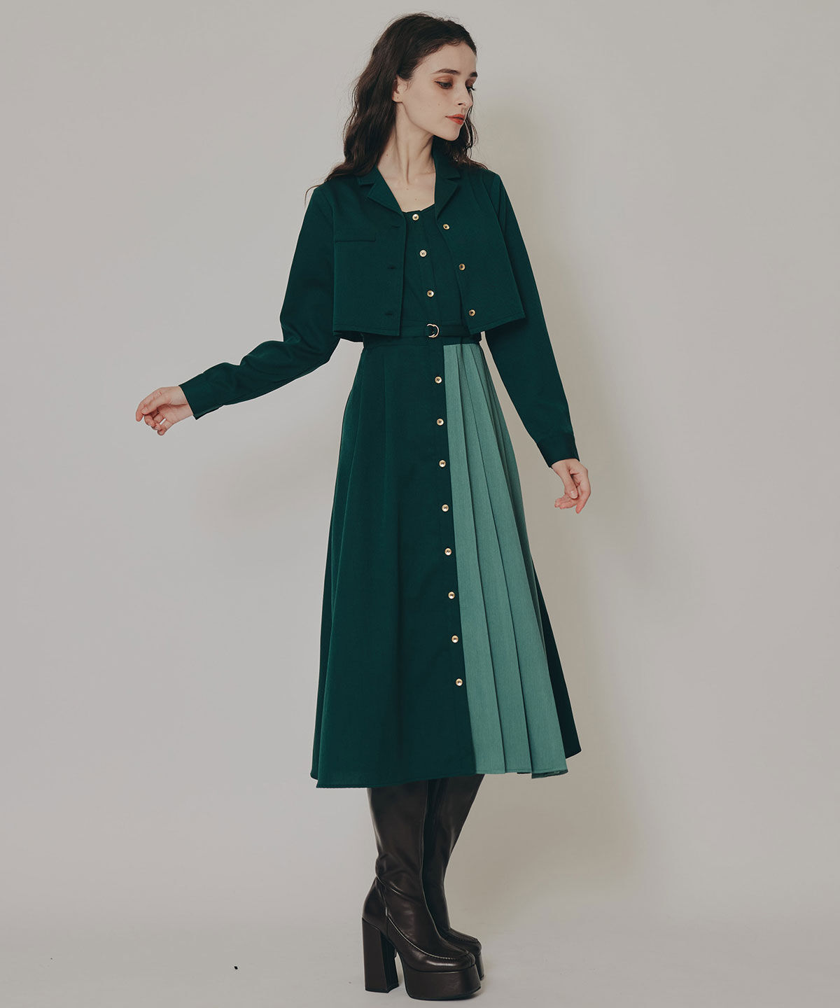 REDYAZEL「バイカラーアシメプリーツロングスリーブシャツワンピース」|ワンピース|