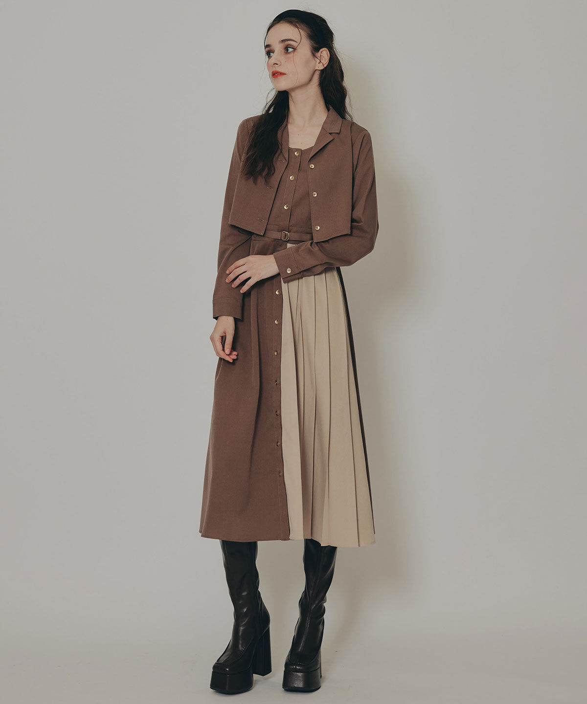 REDYAZEL「バイカラーアシメプリーツロングスリーブシャツワンピース」|ワンピース|