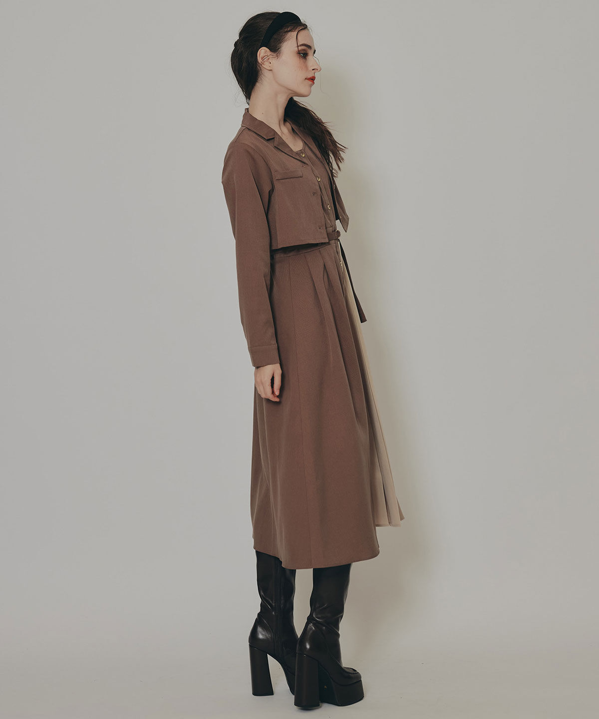 REDYAZEL「バイカラーアシメプリーツロングスリーブシャツワンピース」|ワンピース|