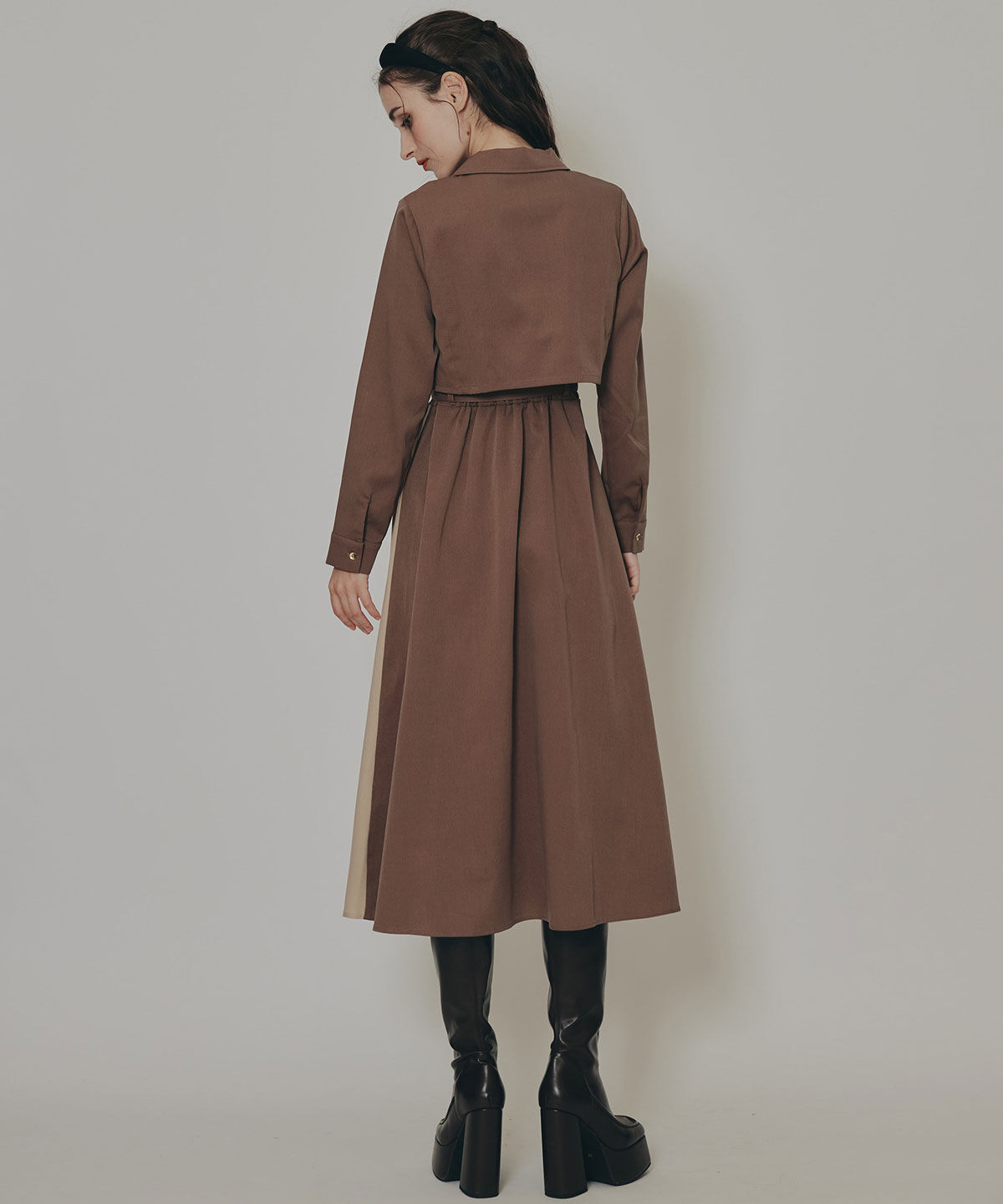 REDYAZEL「バイカラーアシメプリーツロングスリーブシャツワンピース」|ワンピース|