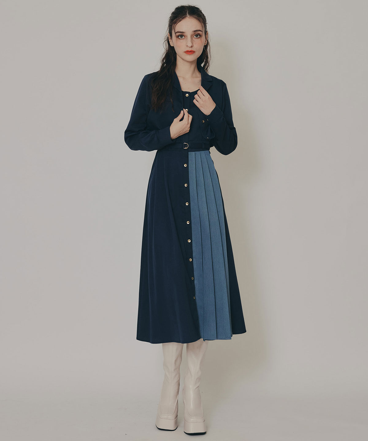 REDYAZEL「バイカラーアシメプリーツロングスリーブシャツワンピース」|ワンピース|