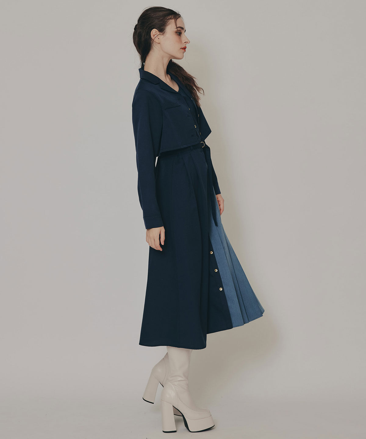 REDYAZEL「バイカラーアシメプリーツロングスリーブシャツワンピース」|ワンピース|