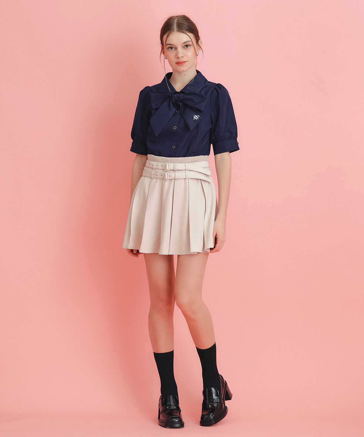 REDYAZEL「ウエストリブダブルベルトプリーツミニスカート」|フレア|