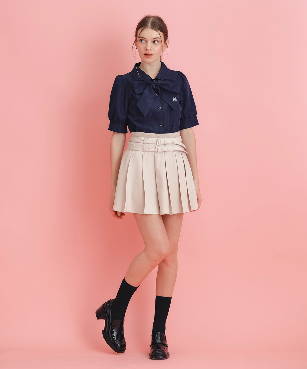 REDYAZEL「ウエストリブダブルベルトプリーツミニスカート」|フレア|