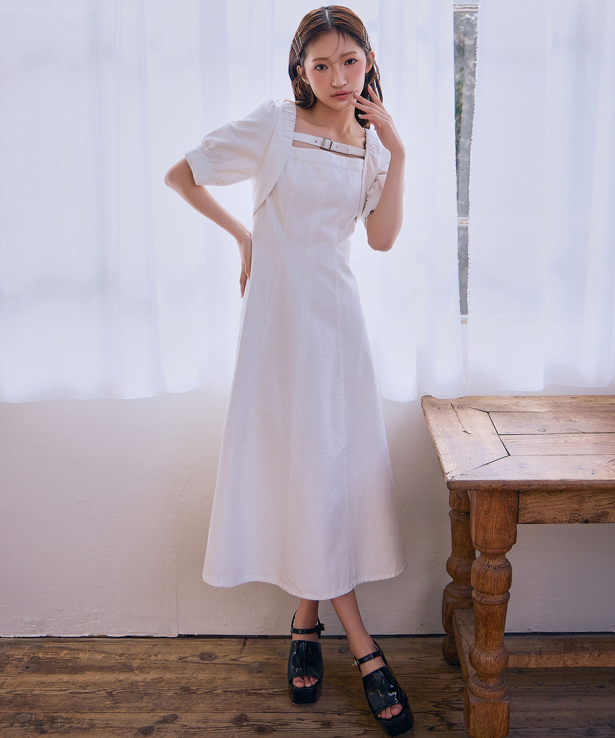 REDYAZEL「デコルテベルトデニムフレアロングワンピース」|ワンピース|ホワイト