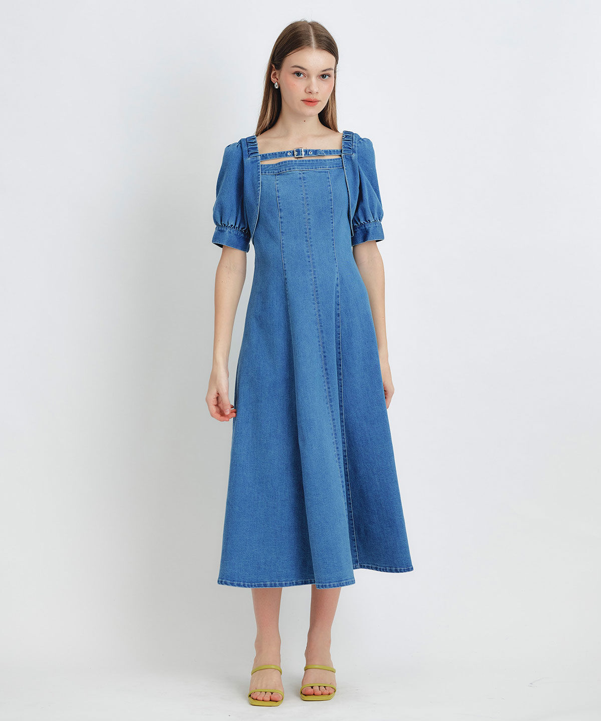 REDYAZEL「デコルテベルトデニムフレアロングワンピース」|ワンピース|