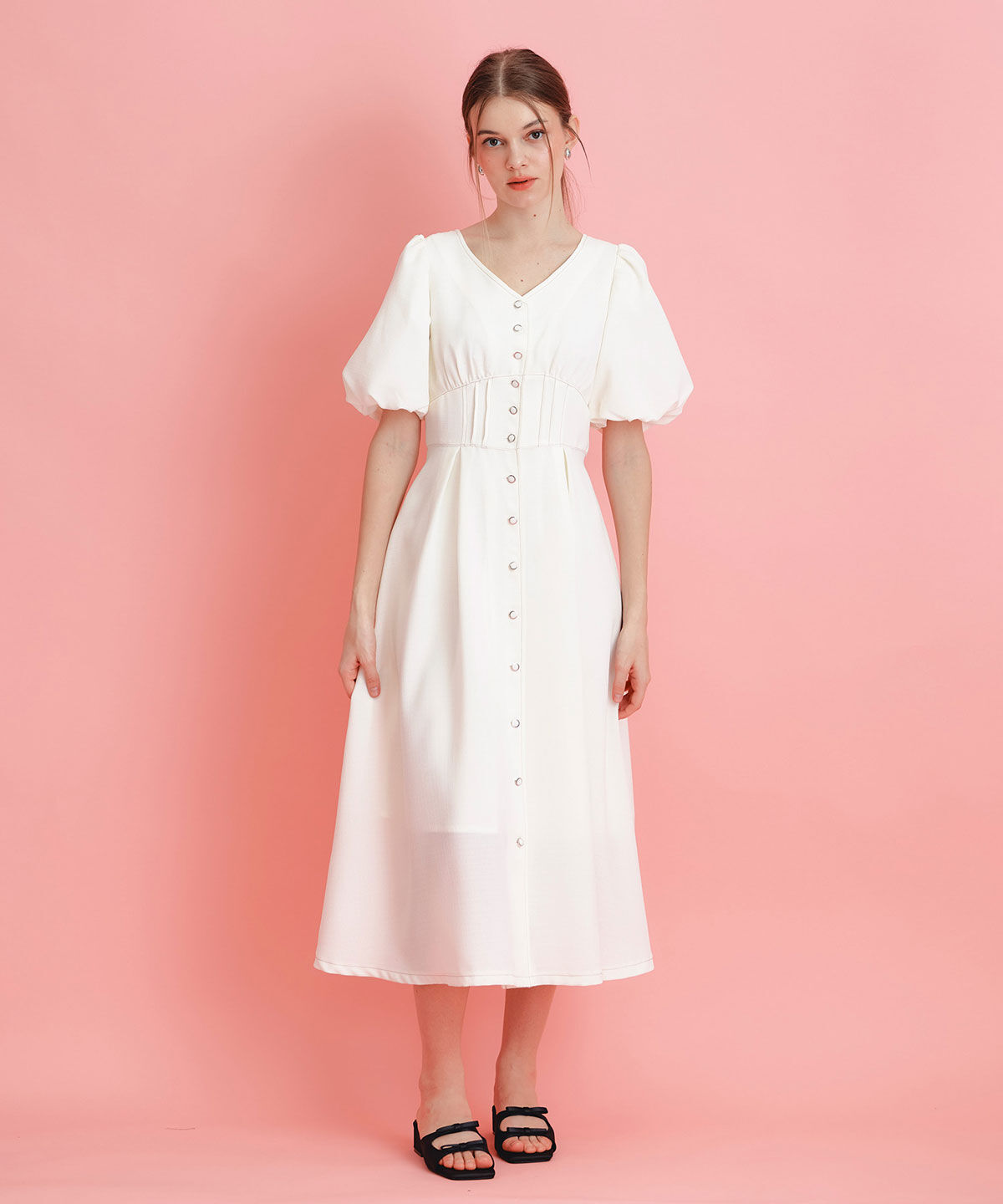 REDYAZEL「コルセットバルーンスリーブフレアロングワンピース」|ワンピース|