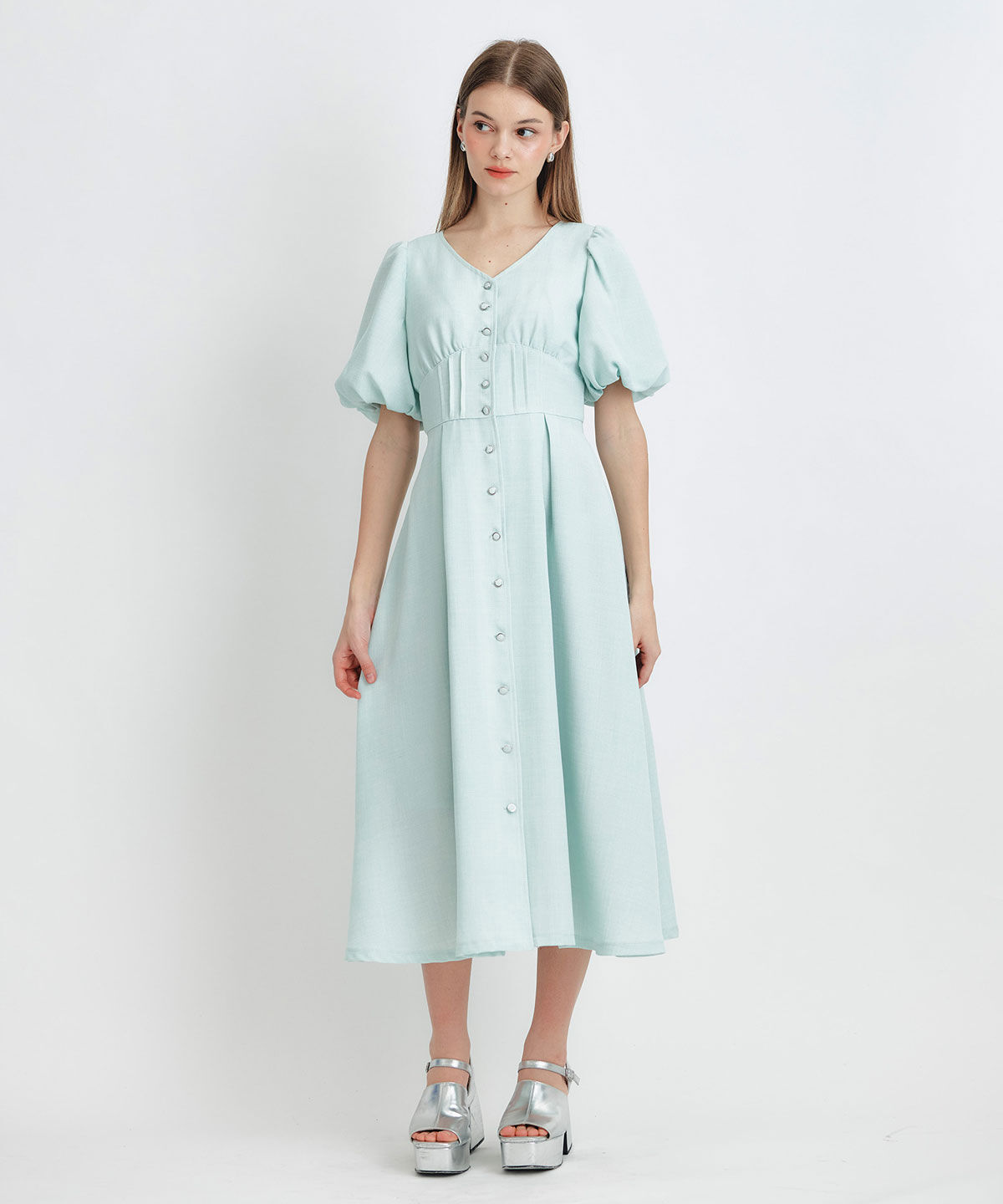 REDYAZEL「コルセットバルーンスリーブフレアロングワンピース」|ワンピース|