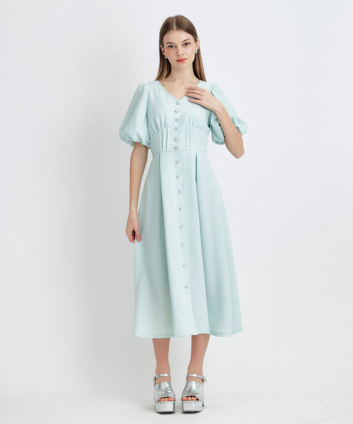 REDYAZEL「コルセットバルーンスリーブフレアロングワンピース」|ワンピース|