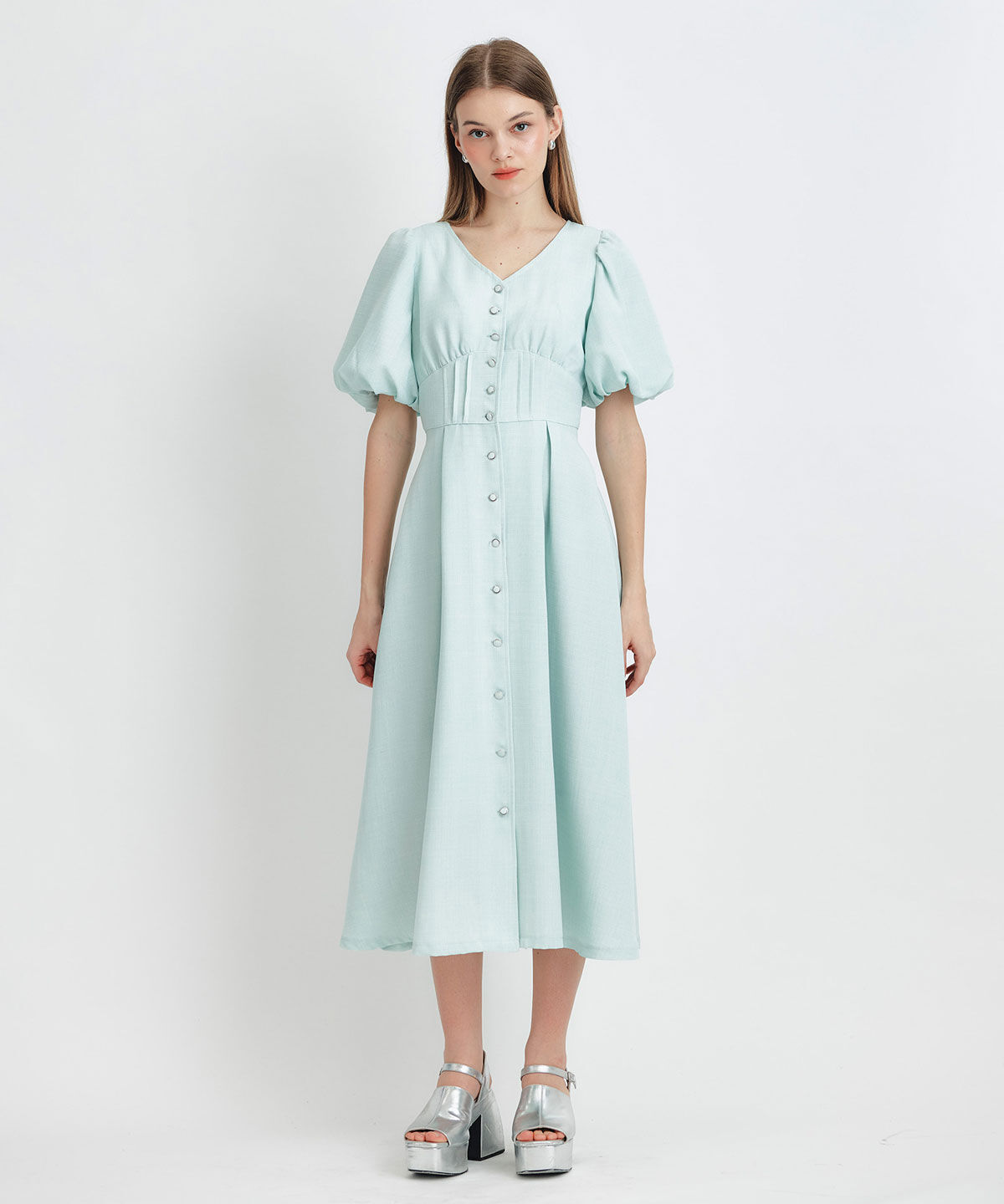 REDYAZEL「コルセットバルーンスリーブフレアロングワンピース」|ワンピース|