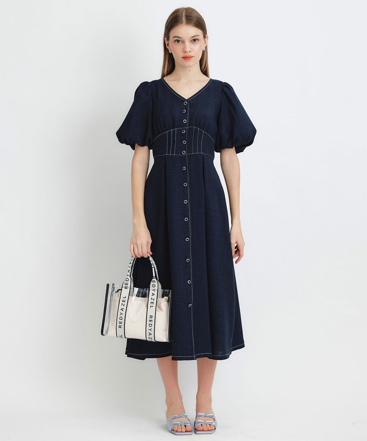 REDYAZEL「コルセットバルーンスリーブフレアロングワンピース」|ワンピース|ネイビー