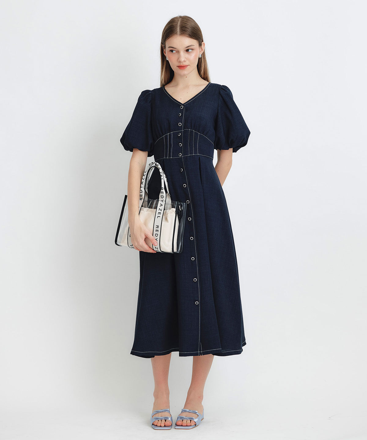 REDYAZEL「コルセットバルーンスリーブフレアロングワンピース」|ワンピース|