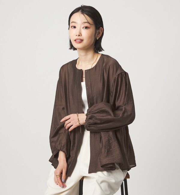 UNITED ARROWS green label relaxing「［size SHORTあり］fleurie(フルリー) シアー ノーカラー ジャケット 接触冷感」|ノーカラージャケット|DK.BROWN