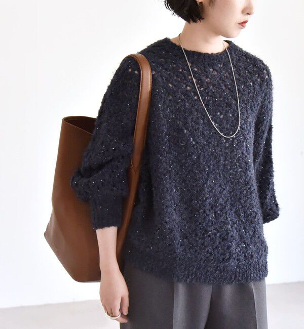 quaranciel「quaranciel:〈手洗い可能〉スパンコール レース編み クルーネック ドルマン ルーズ ニット」|ニット・セーター|ネイビー