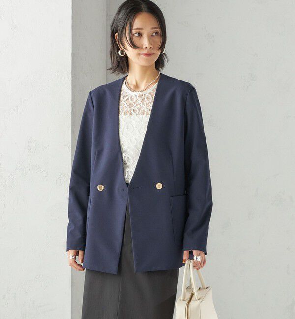 SHIPS for women「〈吸水速乾 / 防シワ加工 / 洗濯機可能〉スーティング ジャージー カラーレス ジャケット」|ノーカラージャケット|