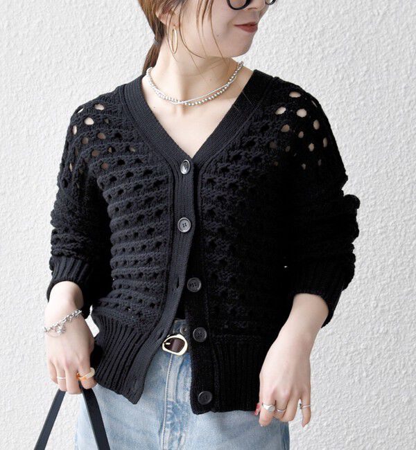 SHIPS any「SHIPS any:〈手洗い可能〉コットン ミックス 透かし編み Vネック カーディガン」|カーディガン|
