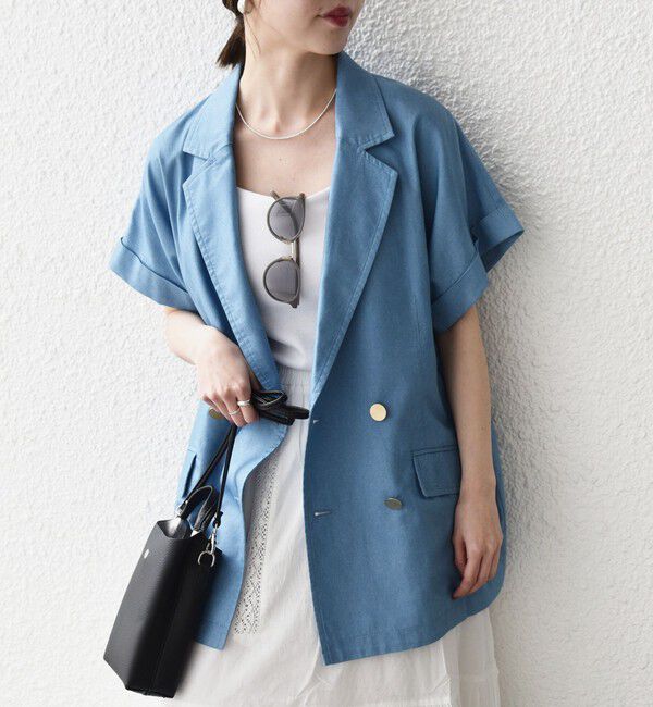 SHIPS any「《予約》SHIPS any:〈洗濯機可能〉シャンブレー デニム ロールアップ シャツ ジャケット」|テーラードジャケット|