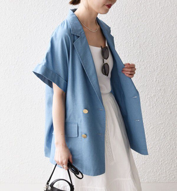 SHIPS any「《予約》SHIPS any:〈洗濯機可能〉シャンブレー デニム ロールアップ シャツ ジャケット」|テーラードジャケット|