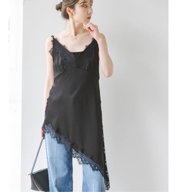 NOBLE「ルナサテンレースアシンメトリーキャミ」|キャミソール|ブラック