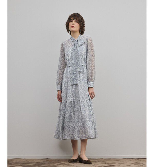 GRACE CONTINENTAL「ダマスク柄風プリントワンピース」|ワンピース|グレー
