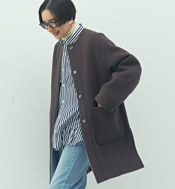 NOLLEY'S「バイカラーリバーコート」|ノーカラーコート|