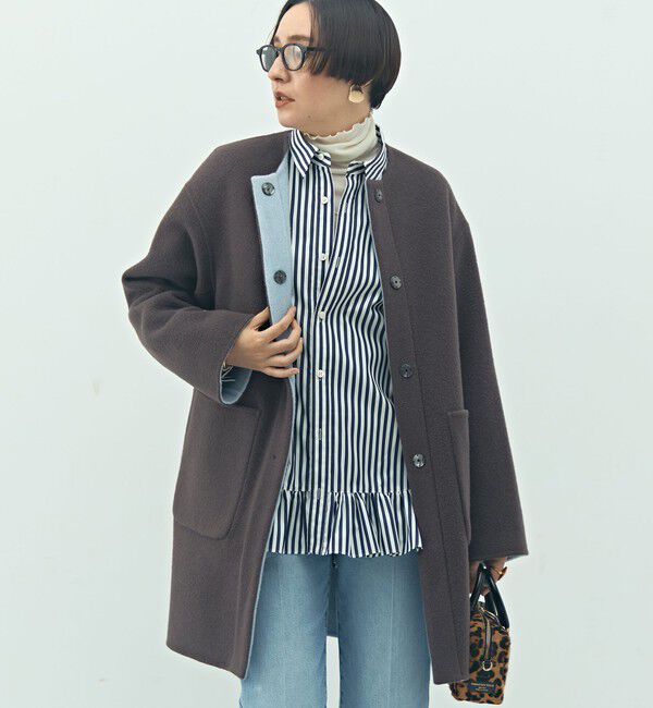 NOLLEY'S「バイカラーリバーコート」|ノーカラーコート|