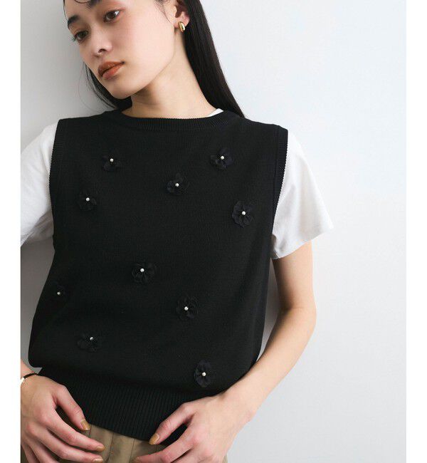 VIS「フラワーモチーフニットベスト」|ベスト・ジレ|ブラック(01)