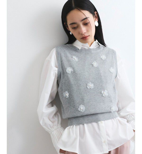 VIS「フラワーモチーフニットベスト」|ベスト・ジレ|ライトグレー(08)