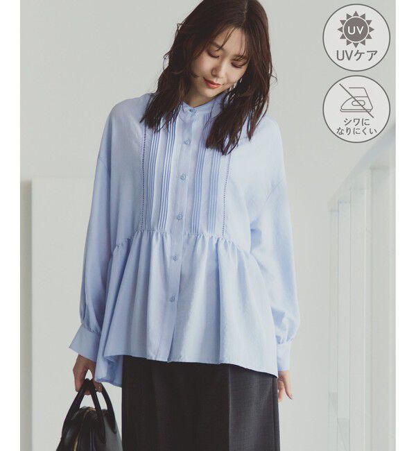 Rope&rsquo;Picnic「【UVケア・防シワ】羽織れるピンタックデザインペプラムシャツ」|シャツ・ブラウス|サックス(48)
