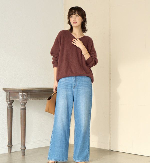  「【抜け感シルエット】ヘアリーウール片畦Vネックニット」|ニット・セーター|