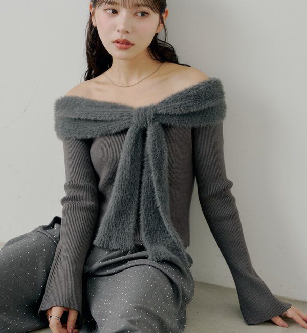  「シャギーリボンオフショルニット」|ニット・セーター|チャコールグレー