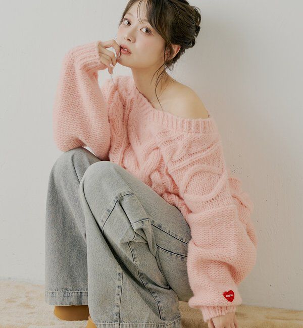  「ケーブルVルーズニットワンピース」|ワンピース|ピンク