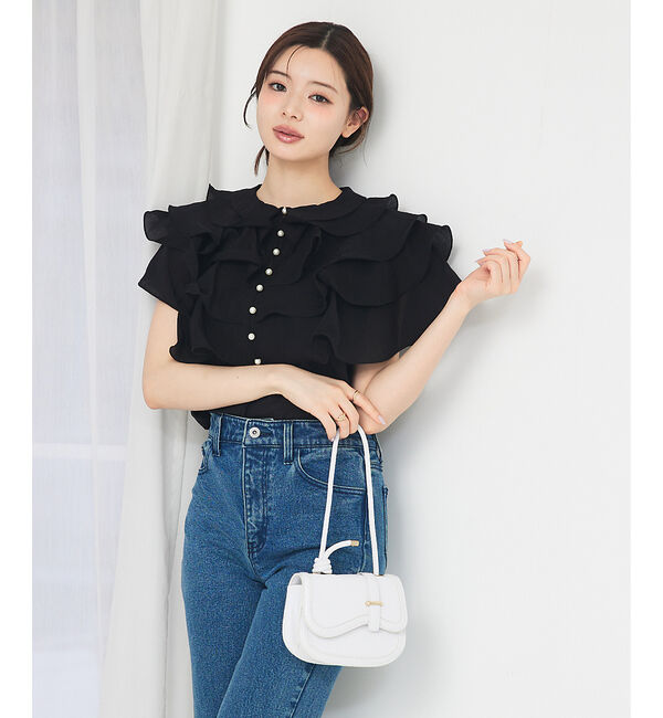 SELFIST「ラッフルフリルパールボタンブラウス」|シャツ・ブラウス|ブラック