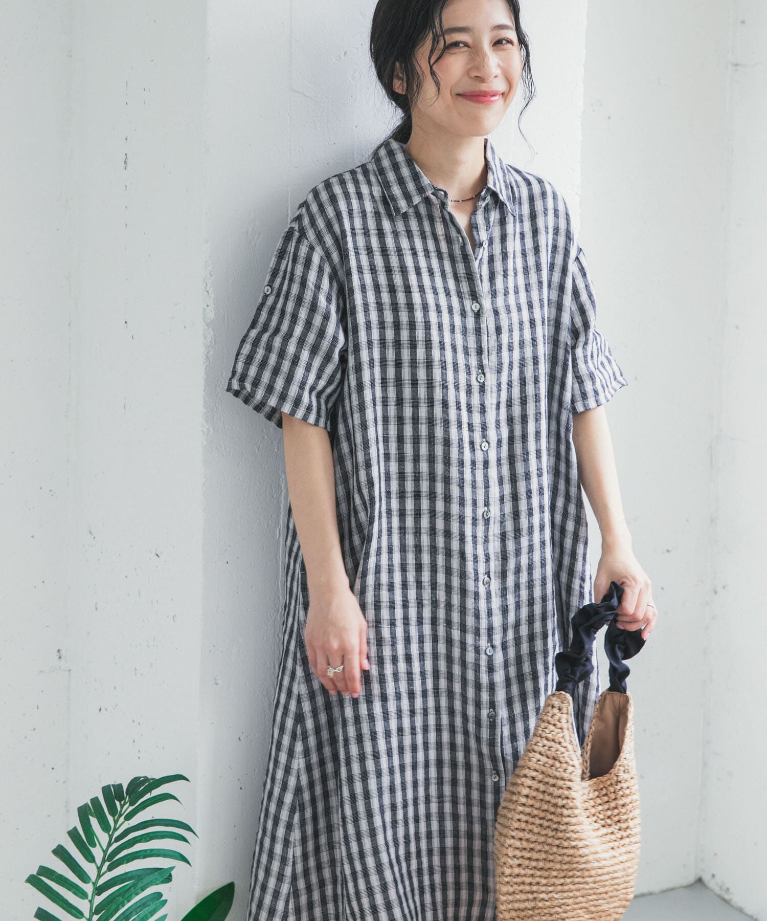 URBAN RESEARCH DOORS「リネン半袖シャツワンピース」|ワンピース|チェック