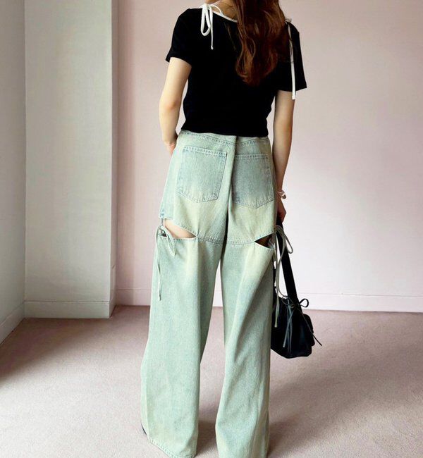  「【ウエストサイズ調整可】サイドあきリボンワイドデニム」|その他|