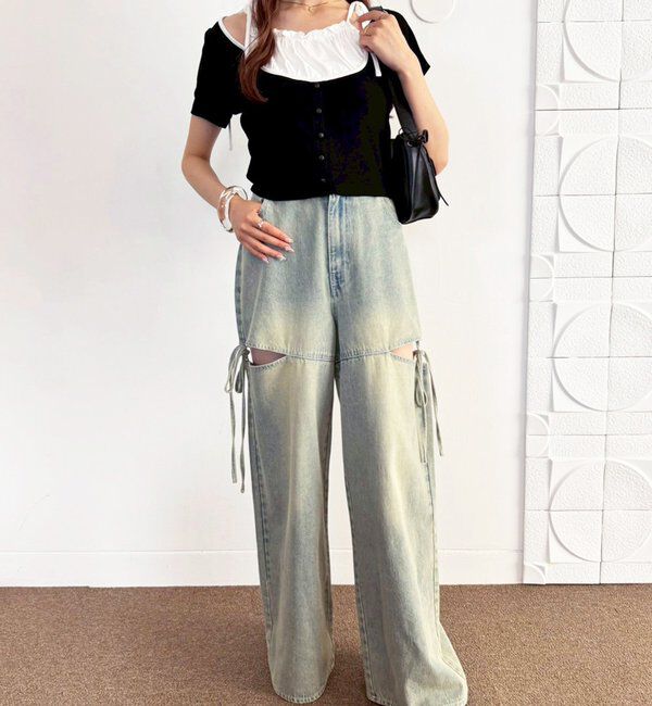 「【ウエストサイズ調整可】サイドあきリボンワイドデニム」|その他|
