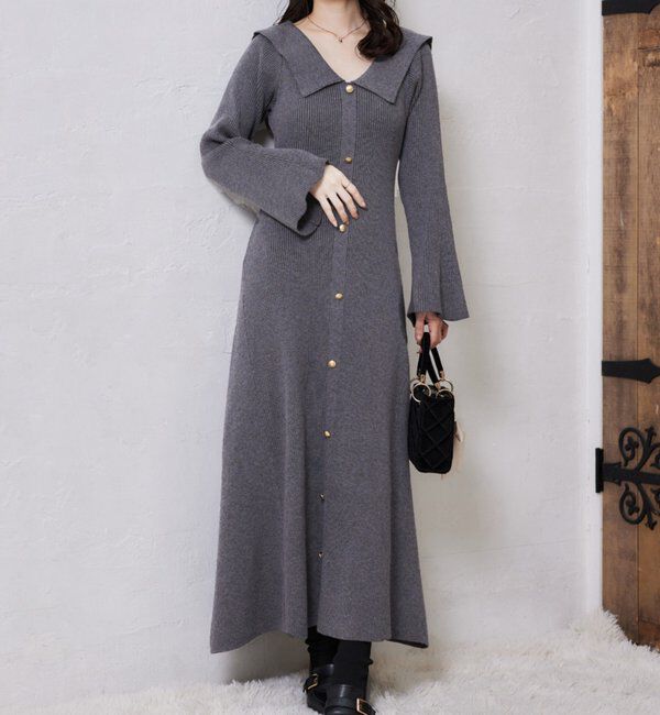  「襟付き金ボタンニットロングワンピース」|ワンピース|チャコールグレー