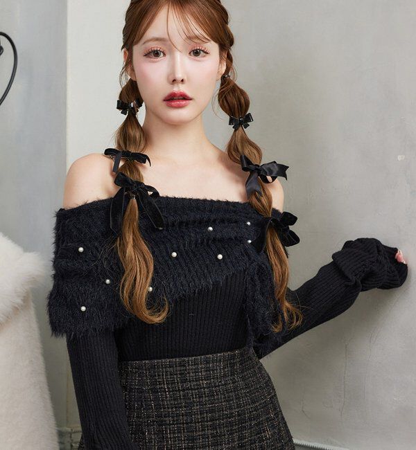  「パール&times;ビジューオフショルニット」|ニット・セーター|ブラック