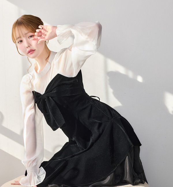  「ベロアリボン異素材ロングワンピース」|ワンピース|