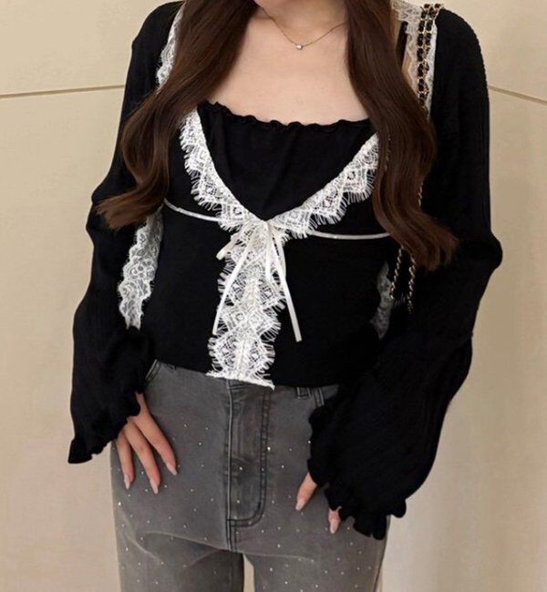  「レース付きリブカーディガン」|ニット・セーター|