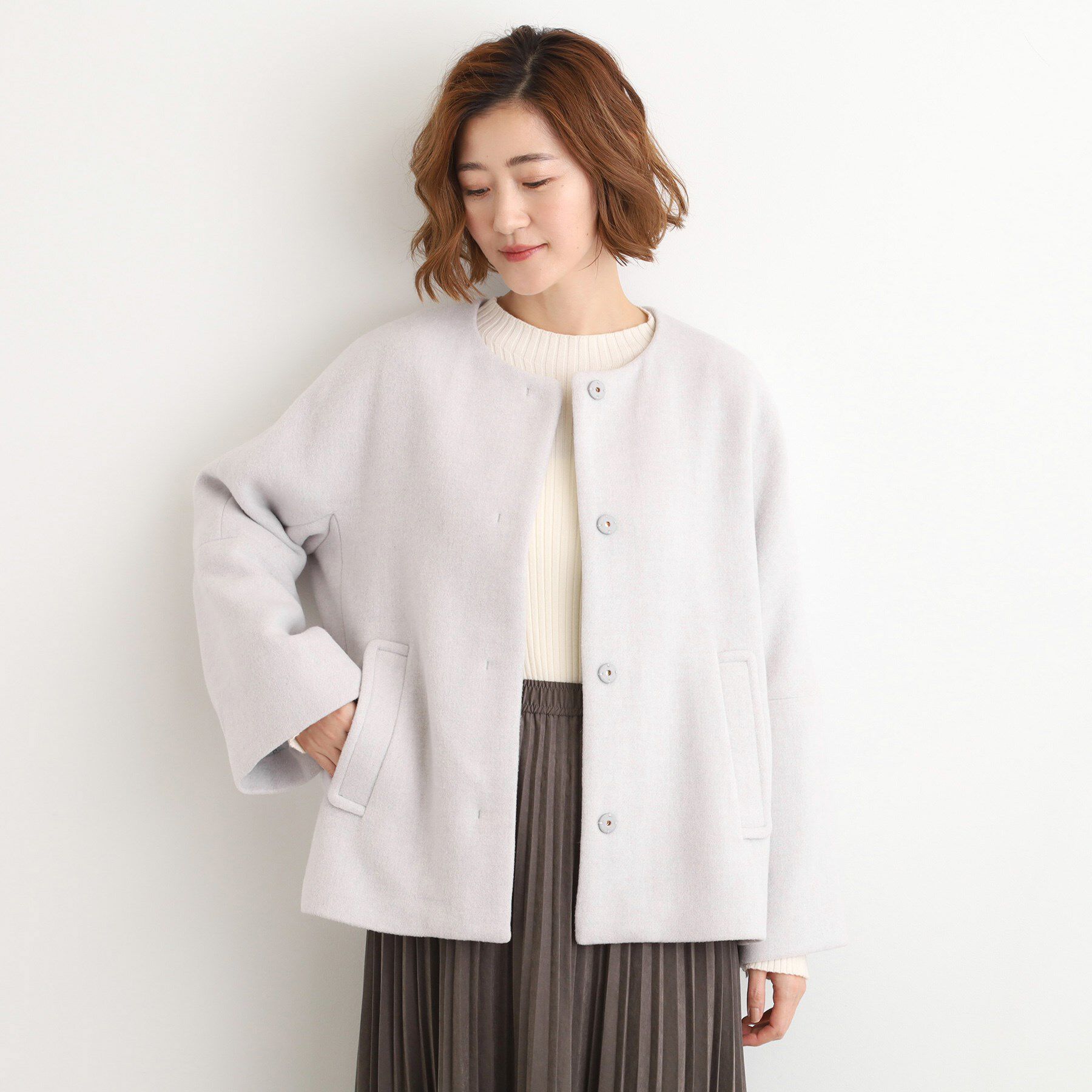 grove「【ウール混】軽やかに羽織れるショートコート」|ノーカラーコート|