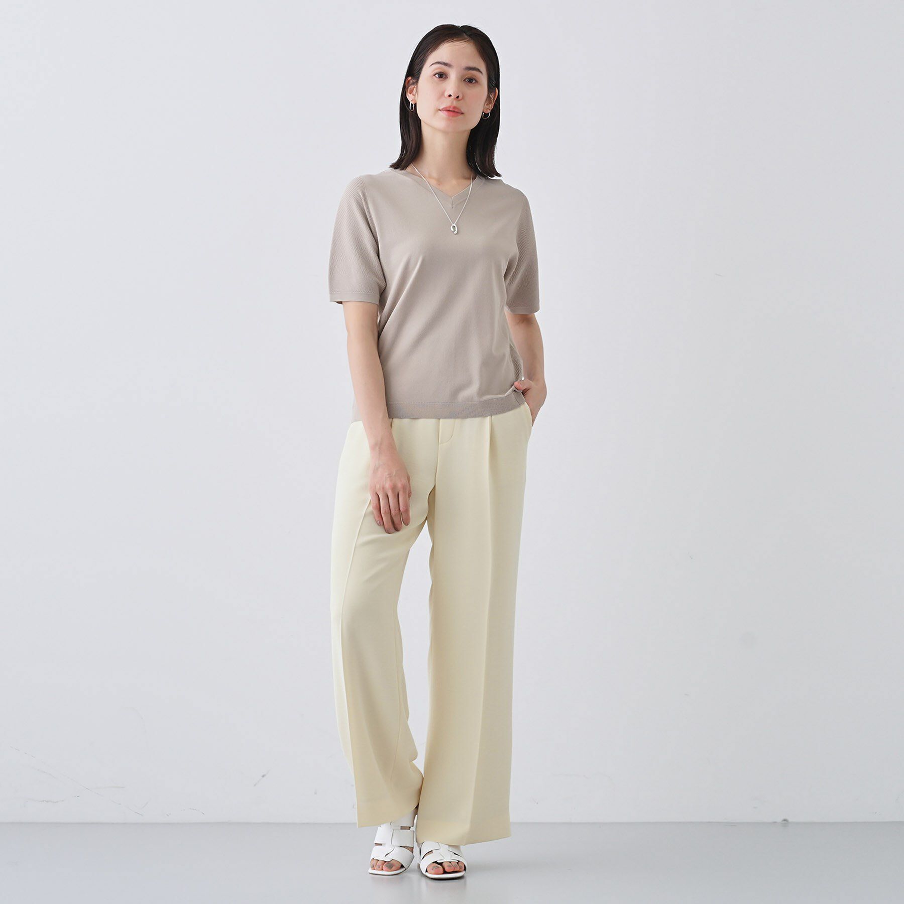 INDIVI「【洗える／清涼感】レーヨンストレッチ 安心丈の半袖ニット」|ニット・セーター|