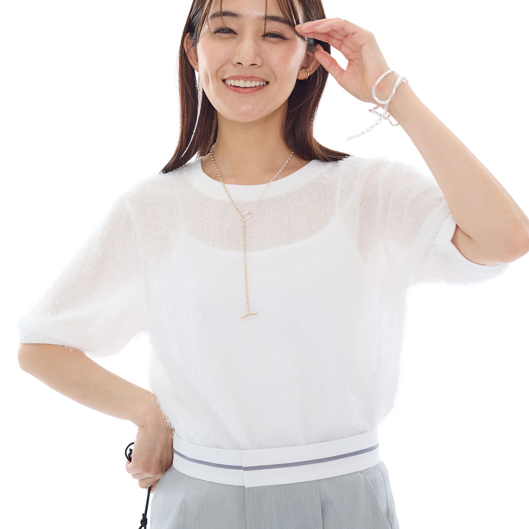 INDIVI「ヘアリージャカードトップス」|シャツ・ブラウス|ホワイト(001)